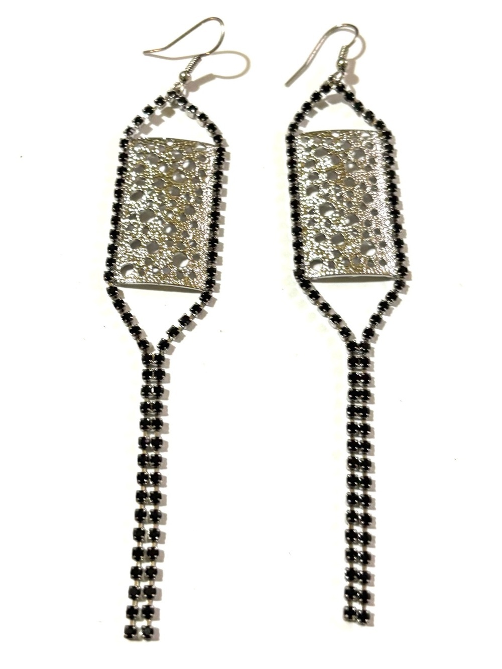 Vintage Silver Filigree Dangle Earrings with Black Accents